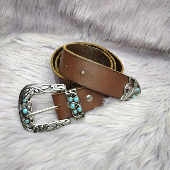 Western Leather Belt Sz M Brown Tooled Turquoise Concho Buckle Southwest - Picture 1 of 5